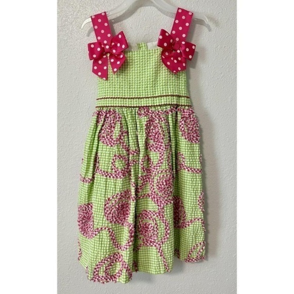 Bonnie Jean Gingham Sundress Kids 3T Green Pink Excellent Bow Rosette Seersucker